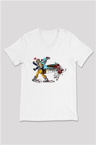 Borderlands Baskılı Beyaz Unisex V Yaka Tişört - Tshirt