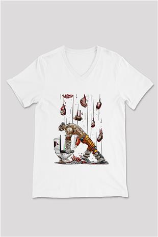 Borderlands Baskılı Beyaz Unisex V Yaka Tişört - Tshirt