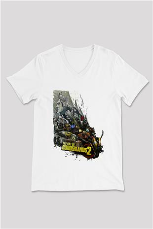 Borderlands Baskılı Beyaz Unisex V Yaka Tişört - Tshirt