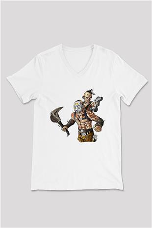 Borderlands Baskılı Beyaz Unisex V Yaka Tişört - Tshirt