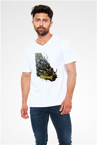 Borderlands Baskılı Beyaz Unisex V Yaka Tişört - Tshirt