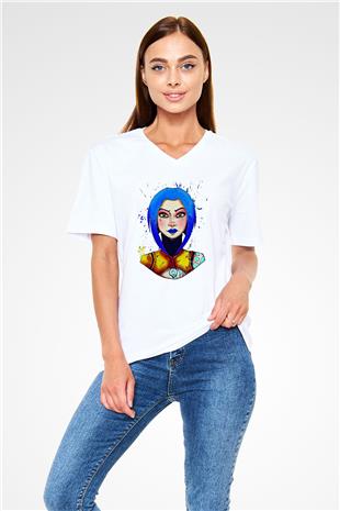 Borderlands Baskılı Beyaz Unisex V Yaka Tişört - Tshirt