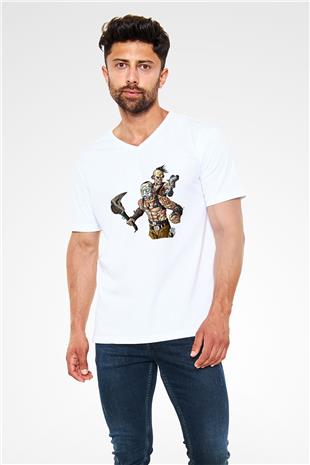 Borderlands Baskılı Beyaz Unisex V Yaka Tişört - Tshirt