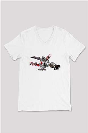 Borderlands Baskılı Beyaz Unisex V Yaka Tişört - Tshirt