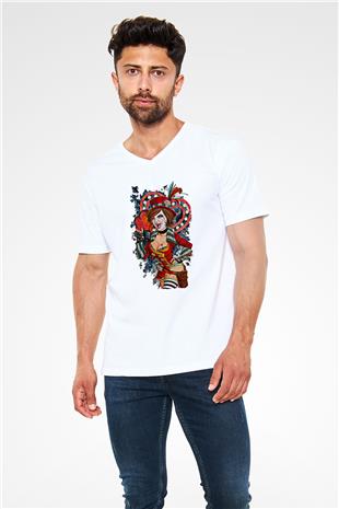 Borderlands Baskılı Beyaz Unisex V Yaka Tişört - Tshirt