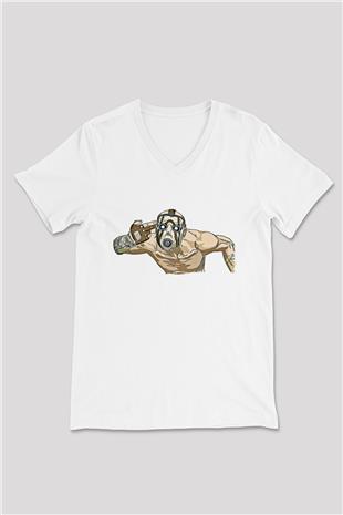 Borderlands Baskılı Beyaz Unisex V Yaka Tişört - Tshirt