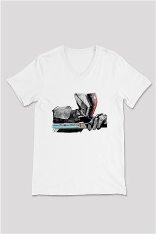 Borderlands Baskılı Beyaz Unisex V Yaka Tişört - Tshirt