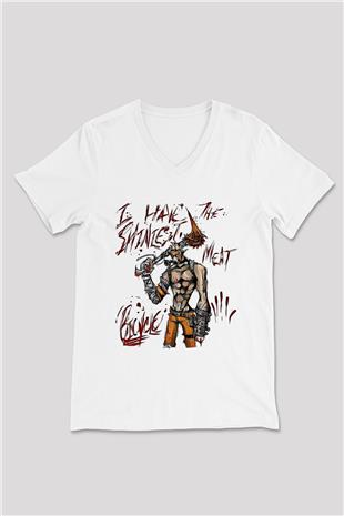 Borderlands Baskılı Beyaz Unisex V Yaka Tişört - Tshirt