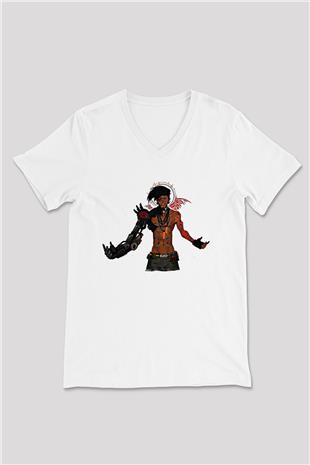 Borderlands Baskılı Beyaz Unisex V Yaka Tişört - Tshirt
