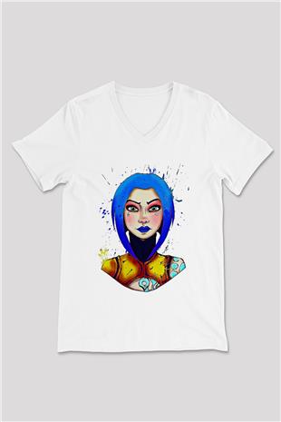 Borderlands Baskılı Beyaz Unisex V Yaka Tişört - Tshirt