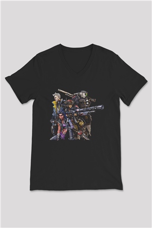 Borderlands Baskılı Unisex Siyah V Yaka Tişört - Tshirt