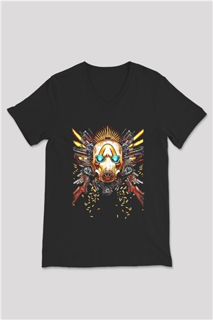 Borderlands Baskılı Unisex Siyah V Yaka Tişört - Tshirt