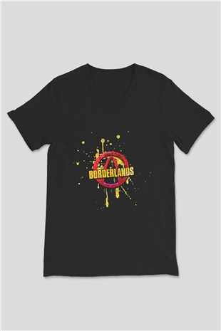 Borderlands Baskılı Unisex Siyah V Yaka Tişört - Tshirt