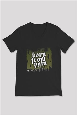 Born from Pain Baskılı Unisex Siyah V Yaka Tişört
