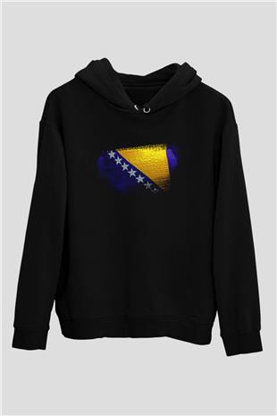 Bosna Hersek - Bosnia Herzegovina Bayrağı Baskılı Unisex Siyah Hoodie