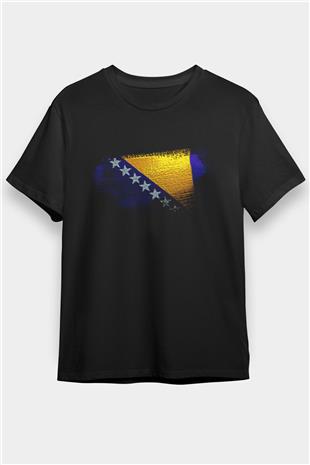 Bosna Hersek - Bosnia Herzegovina Bayrağı Baskılı Unisex Siyah Tişört