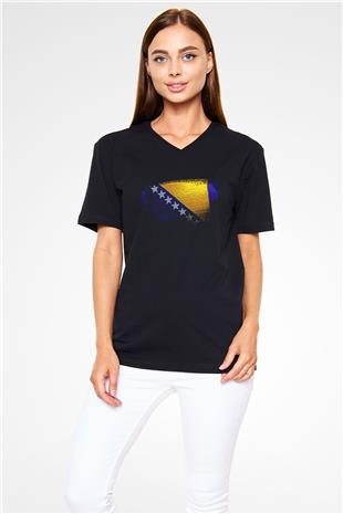 Bosna Hersek - Bosnia Herzegovina Bayrağı Baskılı Unisex Siyah V Yaka Tişört