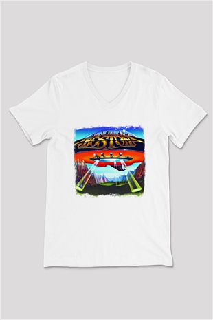 Boston Baskılı Unisex Beyaz V Yaka Tişört