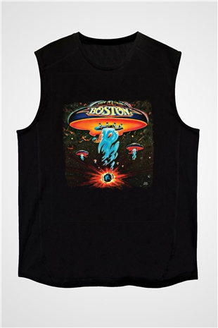 Boston Baskılı Unisex Siyah Kolsuz Tişört