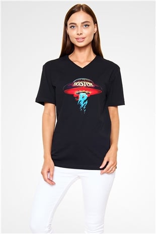Boston Siyah Unisex V Yaka Tişört T-Shirt