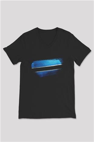Botsvana - Botswana Bayrağı Baskılı Unisex Siyah V Yaka Tişört