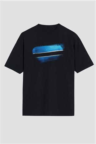 Botsvana - Botswana Bayrağı Baskılı Unisex Siyah Oversize Tişört