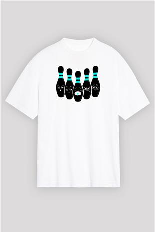Bovling Baskılı Unisex Beyaz Oversize Tişört - Tshirt