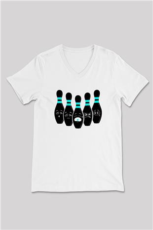 Bovling Baskılı Unisex V Yaka Tişört - Tshirt