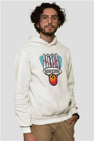 Bovling Beyaz Unisex Kapüşonlu Sweatshirt