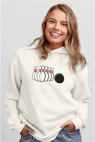 Bovling Beyaz Unisex Kapüşonlu Sweatshirt