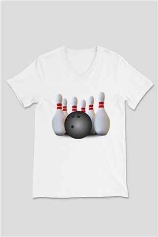 Bovling Beyaz Unisex V Yaka Tişört