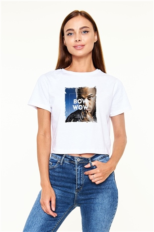 Bow Wow Baskılı Beyaz Kadın Crop Top Tişört