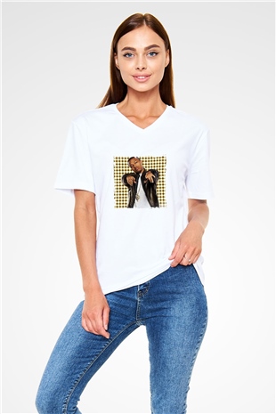 Bow Wow Baskılı Beyaz V Yaka Unisex Tişört
