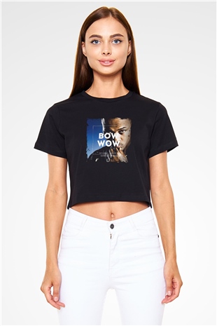 Bow Wow Baskılı Crop Top Siyah Kadın Tişört