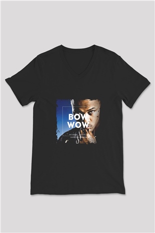 Bow Wow Baskılı Unisex Siyah V Yaka Tişört