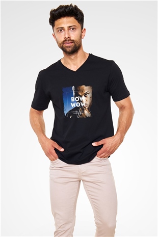 Bow Wow Baskılı Unisex Siyah V Yaka Tişört