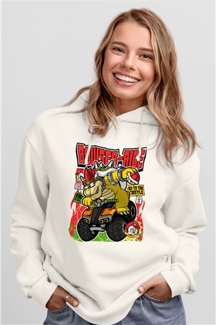 Bowser Ride Baskılı Unisex Beyaz Hoodie