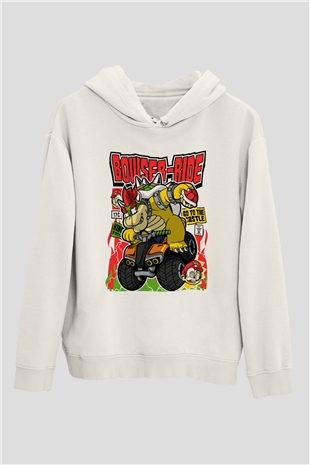 Bowser Ride Baskılı Unisex Beyaz Hoodie