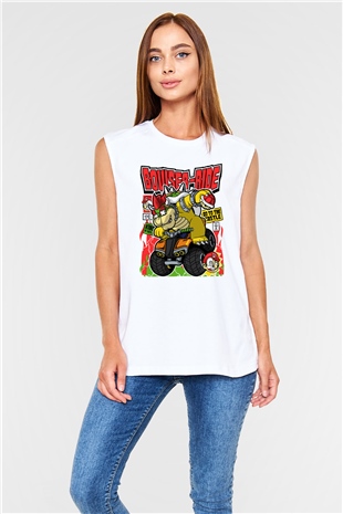 Bowser Ride Baskılı Unisex Beyaz Kolsuz Tişört