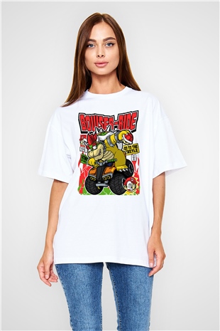 Bowser Ride Baskılı Unisex Beyaz Oversize Tişört