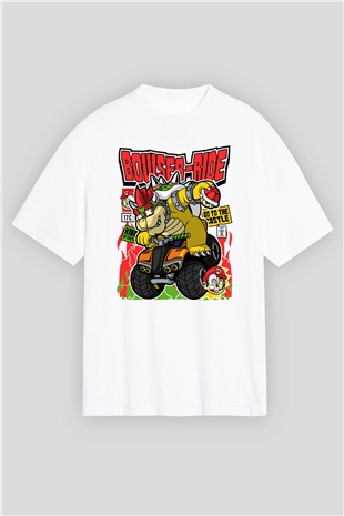 Bowser Ride Baskılı Unisex Beyaz Oversize Tişört