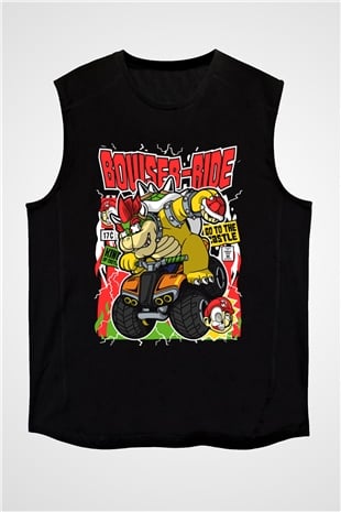 Bowser Ride Baskılı Unisex Siyah Kolsuz Tişört