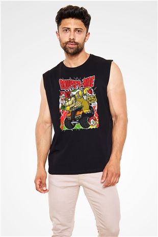 Bowser Ride Baskılı Unisex Siyah Kolsuz Tişört
