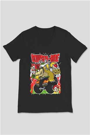 Bowser Ride Baskılı Unisex Siyah V Yaka Tişört