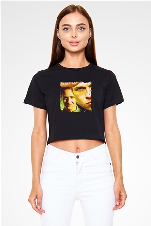 Brad Pitt Baskılı Siyah Kadın Crop Top Tişört