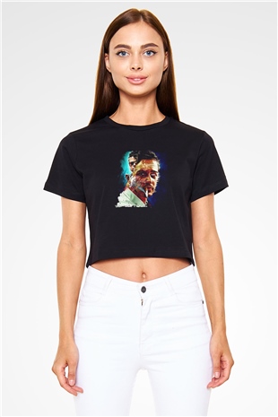 Brad Pitt Baskılı Siyah Kadın Crop Top Tişört