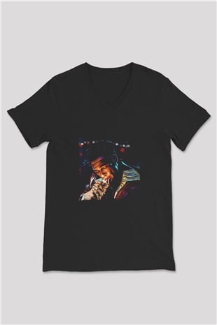 Brad Pitt Baskılı Unisex Siyah V Yaka Tişört