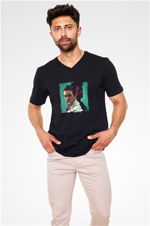 Brad Pitt Baskılı Unisex Siyah V Yaka Tişört