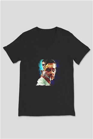 Brad Pitt Baskılı Unisex Siyah V Yaka Tişört