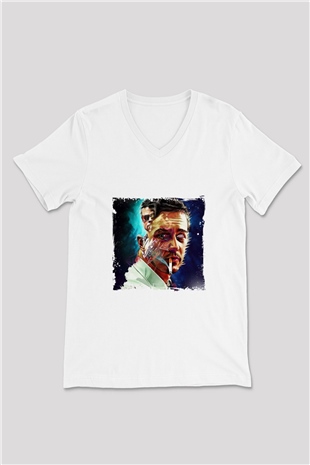 Brad Pitt Baskılı V Yaka Unisex Beyaz Tişört